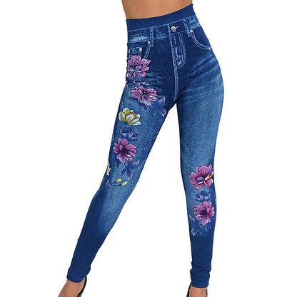 Women's Tights Leggings Jeggings Print Flower / Floral Tummy Control Butt Lift Ankle-Length Casual Weekend Faux Denim Fashion Skinny Black Blue High Waist High Elasticity