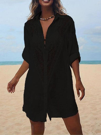 Women's White Dress Shirt Dress Cover Up Mini Dress Cotton Patchwork Button Vacation Beach Hawaiian Shirt Collar Long Sleeve Black White Color