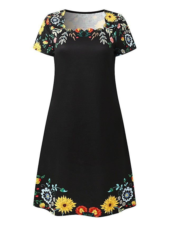 Women's Casual Dress Shift Dress Floral Dress Mini Dress Black Blue Purple Short Sleeve Floral Ruched Summer Spring Square Neck Fashion Vacation Summer Dress 2023 S M L XL XXL 3XL - LuckyFash™