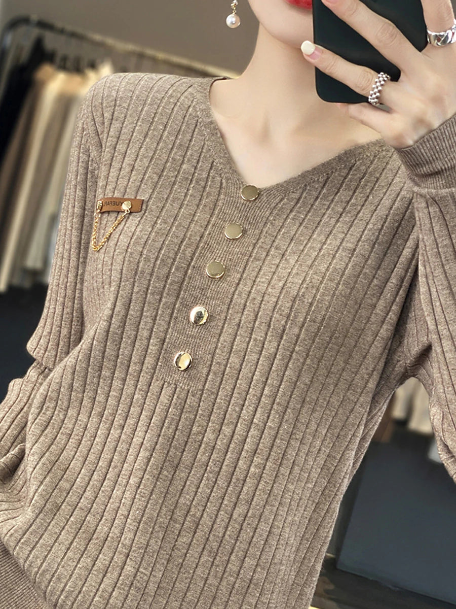 Women's Pullover Sweater Jumper V Neck Ribbed Knit Polyester Button Fall Winter Regular Outdoor Daily Going out Stylish Casual Soft Long Sleeve Solid Color Black White Yellow S M L