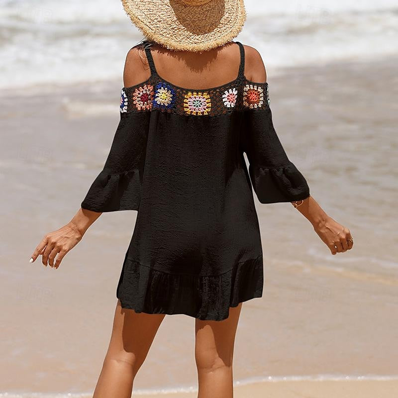 Women's Summer Dress Cover Up Ruffle Cut Out Beach Wear Holiday Long Sleeve Black White Yellow Color