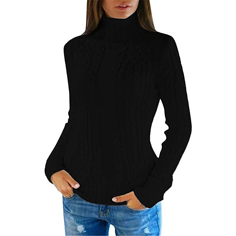 Women's Pullover Sweater Jumper Turtleneck Cable Knit Acrylic Knitted Fall Winter Cropped Outdoor Daily Holiday Stylish Casual Soft Long Sleeve Solid Color Black White Red S M L