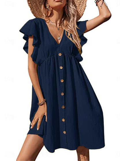 Women's Summer Dress Plain Dress Mini Dress Ruffle Button Vacation Basic Casual V Neck Sleeveless Navy Blue Blue Khaki Color