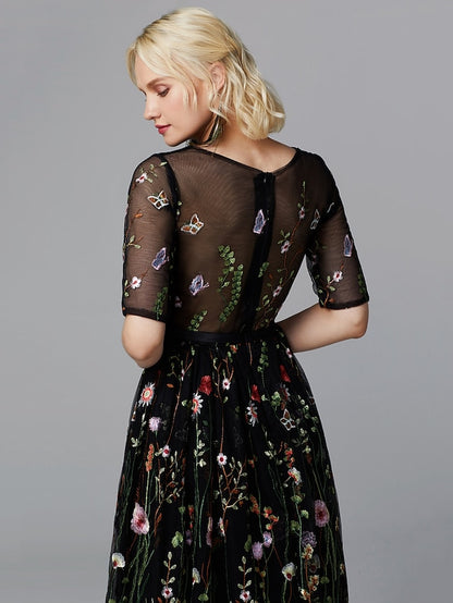 A-Line Floral Dress Holiday Tea Length Half Sleeve Illusion Neck Lace with Embroidery Appliques 2023 - LuckyFash™