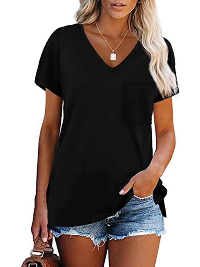 Women's T shirt Tee Plain Solid Colored Casual Daily Pocket Black Short Sleeve Basic Casual V Neck