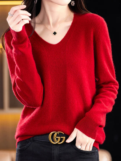 Women's Pullover Sweater Jumper V Neck Ribbed Knit Polyester Knitted Fall Winter Regular Outdoor Daily Going out Fashion Casual Soft Long Sleeve Solid Color Forest Green Cherry Red Red bean paste M L