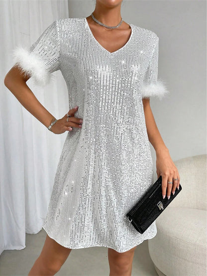 Women's White Dress Sequin Dress Party Dress Sequins Sparkle V Neck Short Sleeve Mini Dress Vacation Formal White Spring Winter