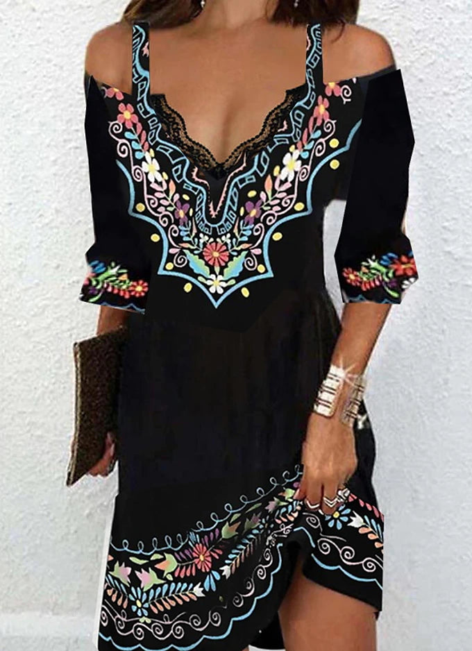 Women‘s Casual Dress Ethnic Dress Mini Dress Black 3/4 Length Sleeve Pure Color Print Summer Spring Fall V Neck Stylish 2023 S M L XL XXL 3XL