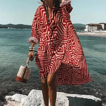 Women's Shirt Dress Casual Dress Swing Dress Midi Dress Daily Holiday Vacation Polyester Stylish Modern Shirt Collar High Low dress Print Long Sleeve Summer Spring 2022 Loose Fit Black Red Blue