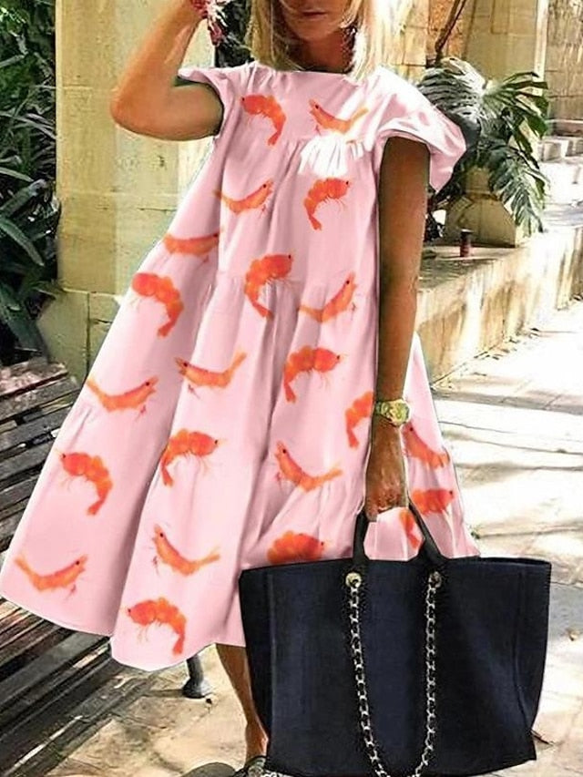 Women's summer oversized dress with round neck pink maple leaf print casual beach Dress