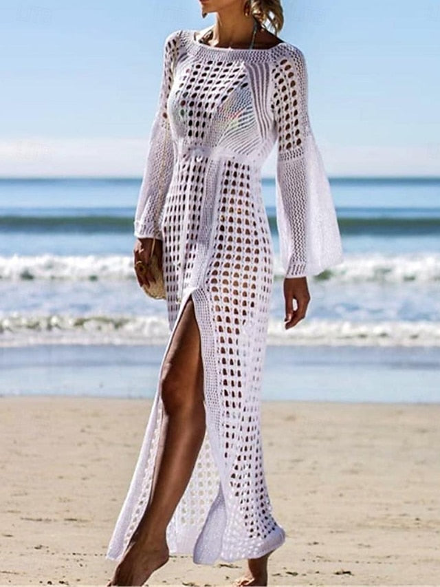 Women's White Dress Summer Dress Cover Up Long Dress Maxi Dress Hollow Out Split Vacation Beach Hawaiian Maxi Crew Neck Long Sleeve Black White Apricot Color