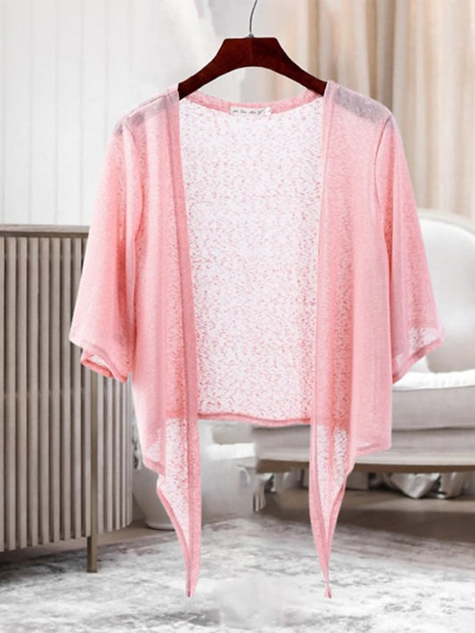 Women's Shrug Open Front Crochet Knit Cotton Thin Summer Spring Outdoor Daily Going out Shrugs Stylish Casual Half Sleeve Solid Color White Yellow Pink L XL 2XL