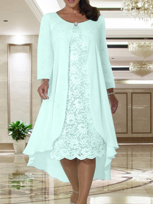 Two Piece A-Line Mother of the Bride Dress Plus Size Elegant Jewel Neck Tea Length Chiffon Lace Short Sleeve Jacket Dresses with Solid Color 2023 - LuckyFash™