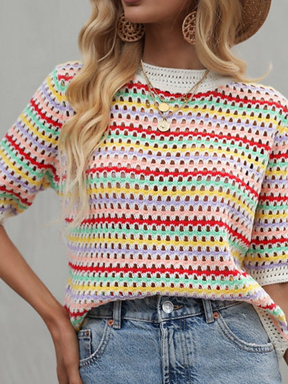 Women's Pullover Sweater jumper Jumper Crochet Knit Knitted Hole Rainbow Crew Neck Stylish Casual Outdoor Home Spring Summer Green Blue S M L / Striped / Regular Fit - LuckyFash™