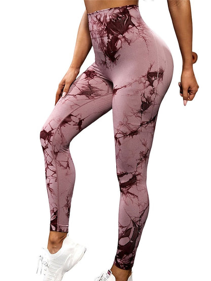 Women's Slim Nylon Tie Dye Maroon Light Pink Fashion High Waist Full Length Yoga Gym Spring Fall