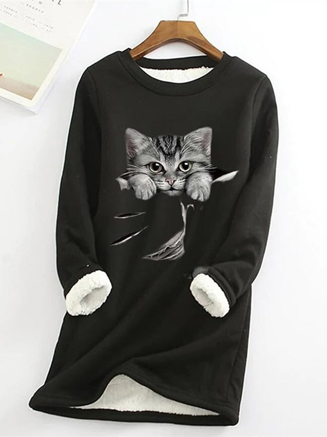 Women's Sweatshirt Pullover Sherpa Fleece Teddy Denim Blue Black White Cat Street Round Neck Plus Size Long Sleeve - LuckyFash™