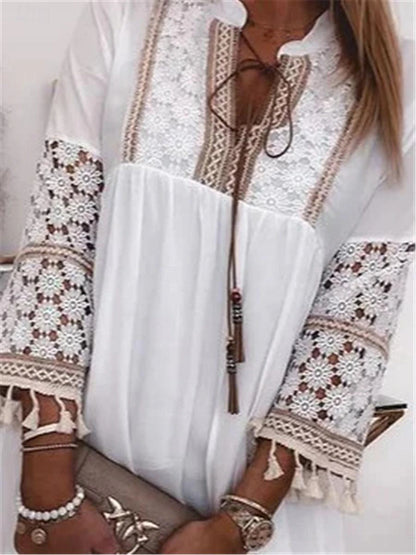 Women's White Dress Lace Dress Casual Dress Mini Dress Lace Ruffle Date Vacation Streetwear Basic Split Neck 3/4 Length Sleeve White Color