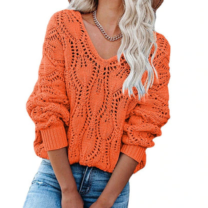 Women's Sweater Pullover Jumper V Neck Crochet Knit Acrylic Hollow Out Knitted Thin Drop Shoulder Fall Winter Halloween Daily Going out Stylish Sexy Soft Long Sleeve Solid Color Red Blue Orange S M L