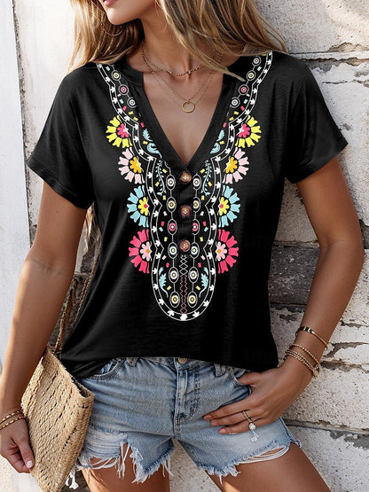 Women's T shirt Tee Daily Print Black Short Sleeve Bohemia Vintage V Neck Summer