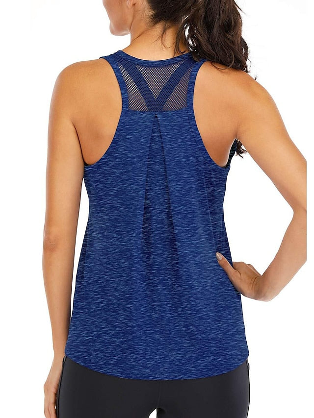 Women's Yoga Top Patchwork Racerback Light Blue Black Mesh Fitness Gym Workout Running Tank Top T Shirt Sport Activewear 4 Way Stretch Breathable Moisture Wicking High Elasticity Loose Fit - LuckyFash™