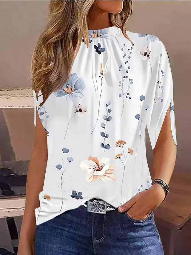 Women's Shirt Blouse Floral Graphic Vacation Print Black Short Sleeve Casual Crew Neck Summer