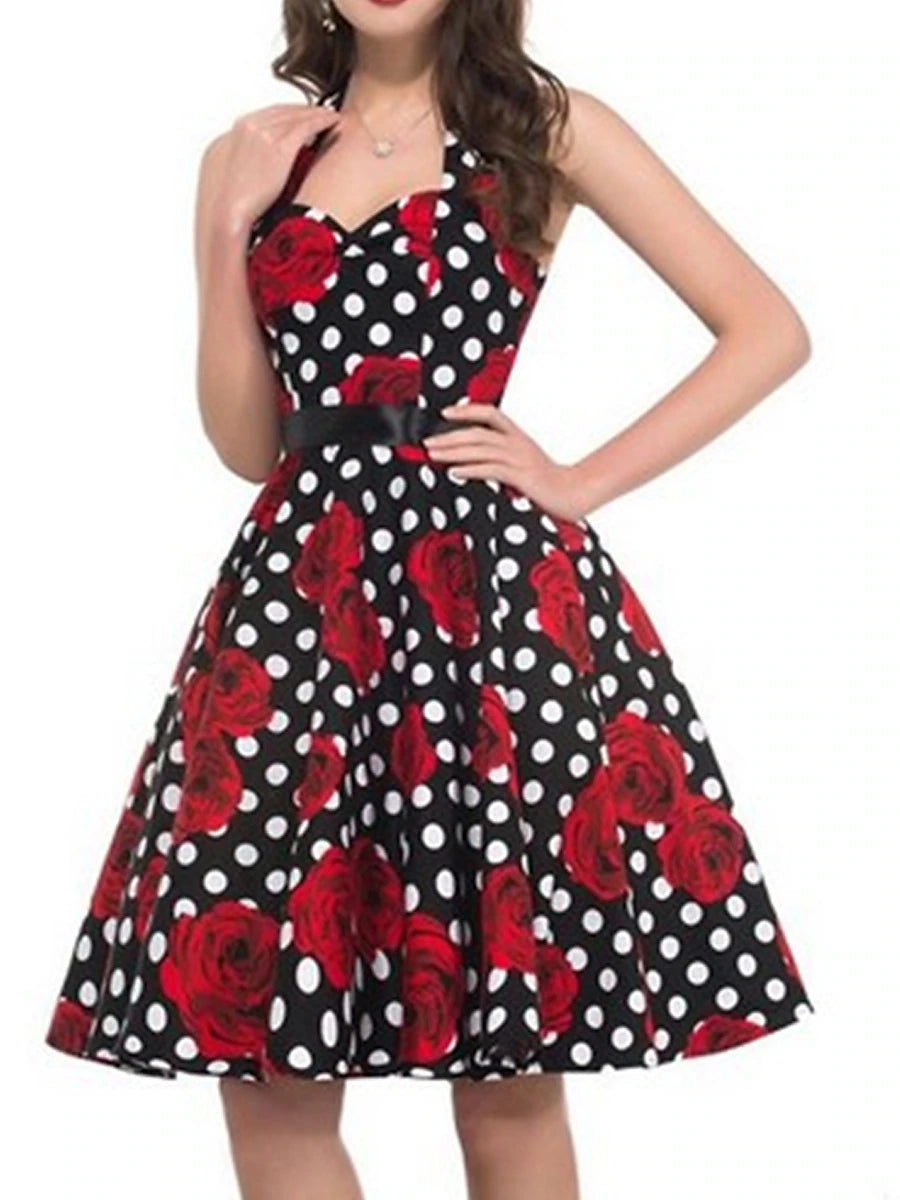 Women's Retro 1950s Vintage Tea Dresses Midi Dress Party Holiday Backless Print Floral Halter Sleeveless Regular Fit Summer Spring 2023 Black White S M L XL