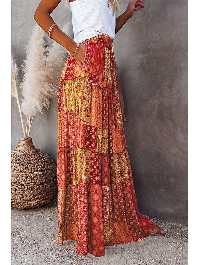 Women's Skirt Swing Long Skirt Maxi Polyester Black Yellow Purple Orange Skirts Spring & Summer Drawstring Print Vintage Boho Causal Vacation S M L - LuckyFash™