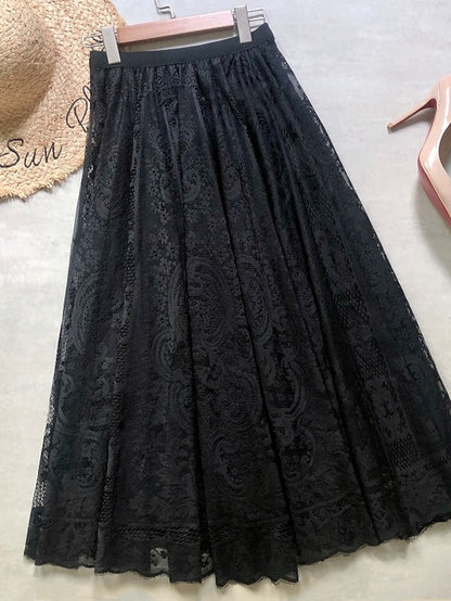 Women's Swing Long Skirt Midi Organza Black Beige Skirts Summer Lace Ruffle Lined Streetwear Basic Summer Date Weekend One-Size - LuckyFash™