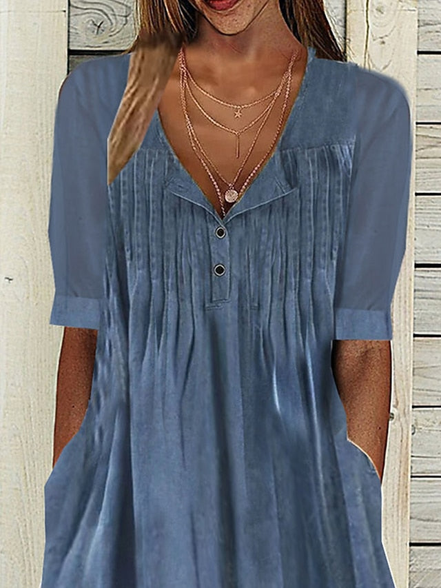 Women's Casual Dress Cotton Linen Dress Swing Dress Midi Dress Cotton Blend Fashion Basic Outdoor Daily Vacation Split Neck Button Pocket Short Sleeve Summer Spring 2023 Regular Fit Blue Plain S M L - LuckyFash™