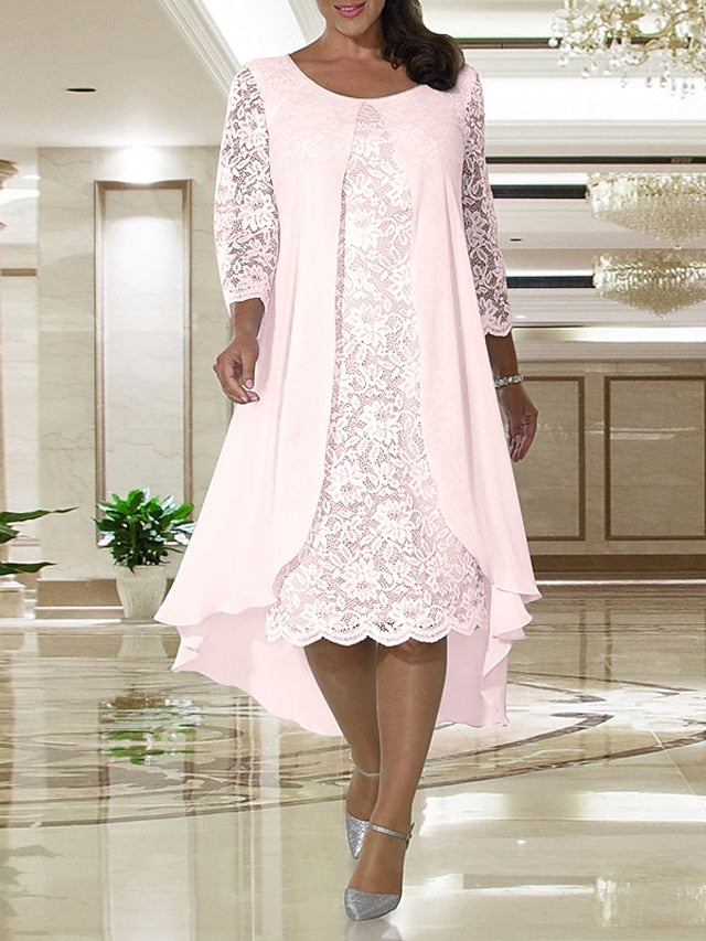 A-Line Mother of the Bride Dress Plus Size Elegant Jewel Neck Knee Length Chiffon Lace Long Sleeve with Lace 2023 - LuckyFash™