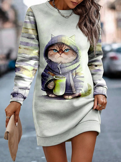 Women's Sweatshirt Dress Casual Dress Mini Dress Active Fashion Outdoor Going out Weekend Crew Neck Print Cat Loose Fit White Pink Blue S M L XL XXL