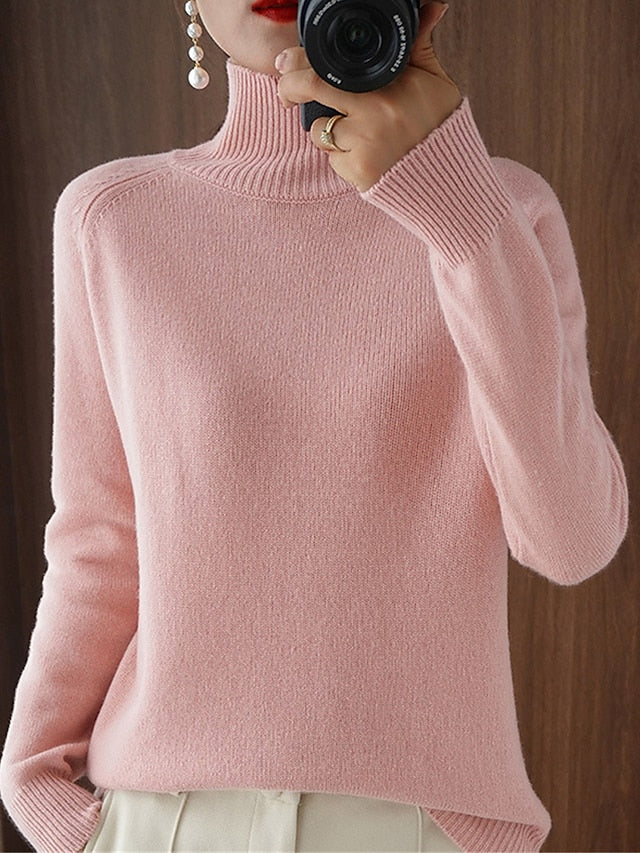 Women's Pullover Sweater Jumper Stand Collar Ribbed Knit Polyester Knitted Fall Winter Regular Outdoor Daily Holiday Fashion Streetwear Casual Long Sleeve Solid Color Black White Pink M L XL