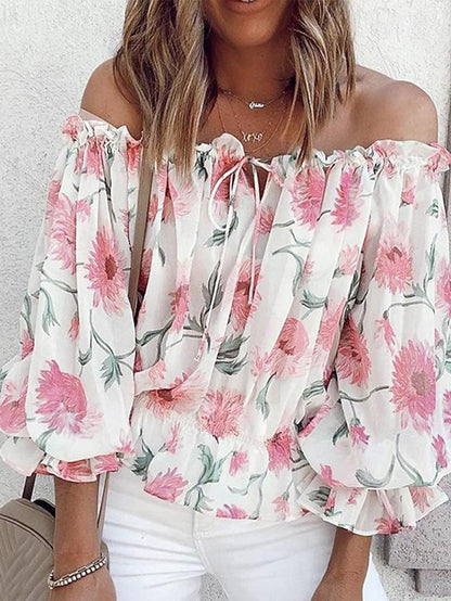 Women's Shirt Blouse Floral Casual Holiday Lace up Button Print Cold Shoulder White Long Sleeve Fashion Off Shoulder Summer