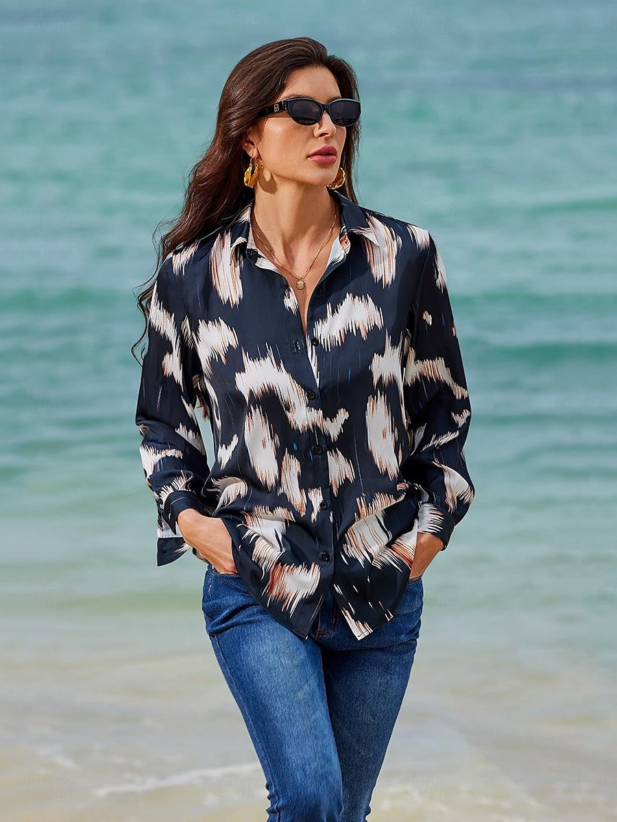 Women's Shirt Blouse Satin Graphic Casual Holiday Button Print Navy Blue Long Sleeve Fashion Streetwear Shirt Collar Spring &  Fall