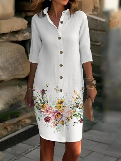 Women's Shirt Dress Casual Dress Cotton Linen Dress Midi Dress Button Print Daily Vacation Shirt Collar 3/4 Length Sleeve Summer Spring Fall White Dark Pink Ombre Floral