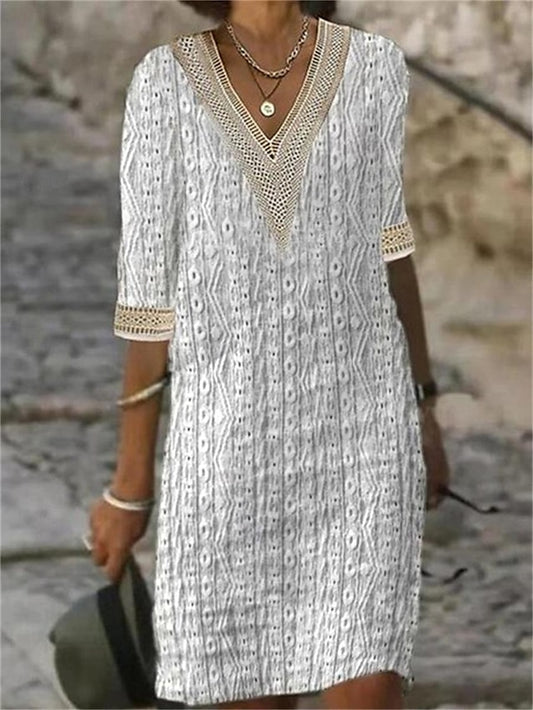 Women's Work Dress Black Dress White Dress Elegant Daily Mini Dress Lace V Neck Half Sleeve Geometric Loose Fit Black White Beige Summer Spring S M L XL XXL