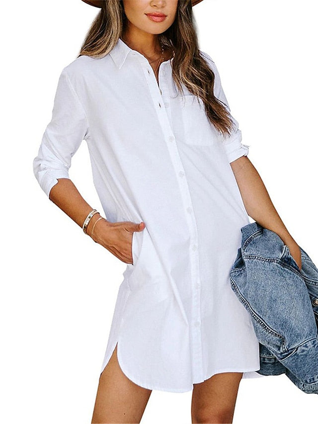 Women's Shirt Dress Casual Dress Shift Dress Mini Dress Business Date Polyester Modern Casual Shirt Collar Button Pocket Long Sleeve Fall Winter Loose Fit White Pink Navy Blue Pure Color S M L XL 2XL