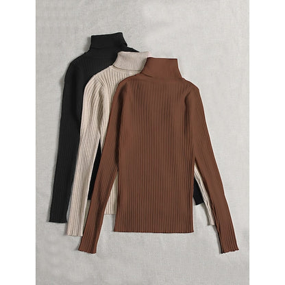 Women's Pullover Sweater Jumper Turtleneck Ribbed Knit Spandex Knitted Thin Fall Winter Daily Basic Casual Long Sleeve Solid Color Black+White+Gray Black+Apricot+Brown Black+White+Dark Green One-Size