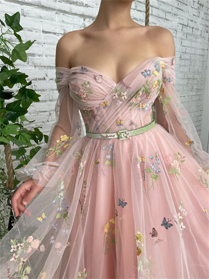 A-Line Prom Dresses Floral Dress Wedding Guest Ankle Length Long Sleeve Off Shoulder Lace with Embroidery Appliques 2023 - LuckyFash™