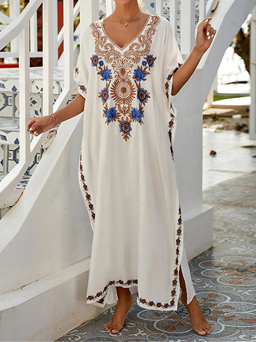 Women's White Dress Summer Dress Cover Up Long Dress Maxi Dress Embroidered Split Vacation Beach Maxi Boho V Neck Half Sleeve Black White Color