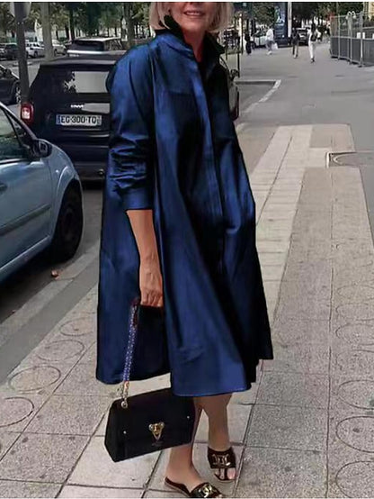 Women's Shirt Dress Midi Dress Daily Polyester Fashion Elegant Shirt Collar Pocket Long Sleeve Summer Spring Fall 2023 Loose Fit Pink Royal Blue Green Plain Pure Color S M L XL 2XL