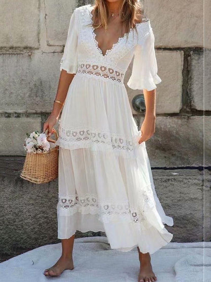 Women's Summer Dress Boho Wedding Guest Dress White Lace Wedding Dress Maxi Dress with Sleeve Vacation Elegant V Neck Half Sleeve White Color