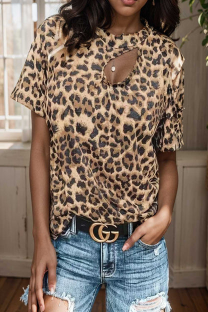 off shoulder leopard print hollow short sleeve t shirt 110821