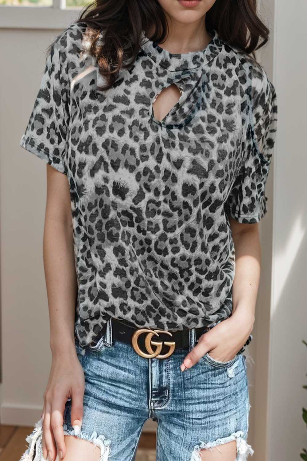 off shoulder leopard print hollow short sleeve t shirt 110306