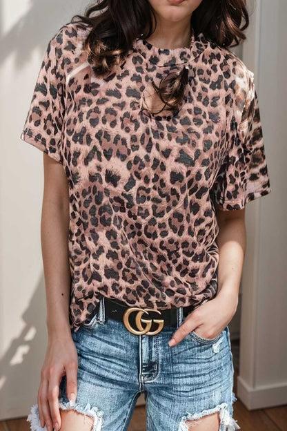 off shoulder leopard print hollow short sleeve t shirt 111964