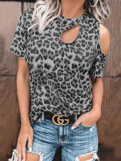 Off-Shoulder Leopard Print Hollow Short Sleeve T-Shirt