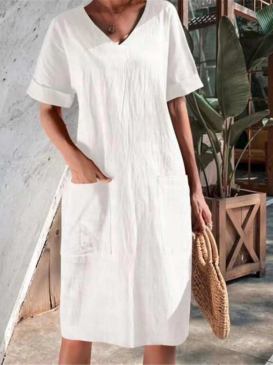 Women's White Dress Casual Dress Summer Dress Midi Dress Cotton Pocket Date Basic V Neck Short Sleeve Black White Wine Color