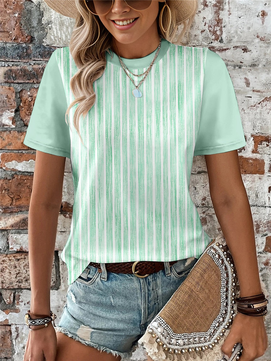 Women's T shirt Tee Striped Daily Going out Print Black Short Sleeve Fashion Round Neck Summer