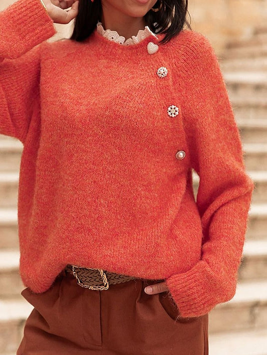 Women's Pullover Sweater Jumper Crew Neck Fuzzy Knit Cotton Blend Oversized Fall Winter Regular Holiday Weekend Vintage Style Soft Long Sleeve Solid Color Pearl Orange Beige S M L