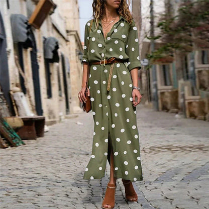 Women's Shirt Dress Maxi long Dress Winter Dress Daily Date Polyester Fashion Elegant Shirt Collar Print Long Sleeve Summer Spring Fall 2022 Regular Fit Black Army Green Red Polka Dot Round Dots S M